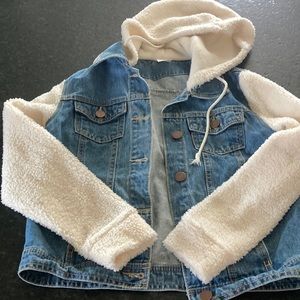 No Boundaries Denim Jean Jacket with Sherpa Hood and Sleeves Size S